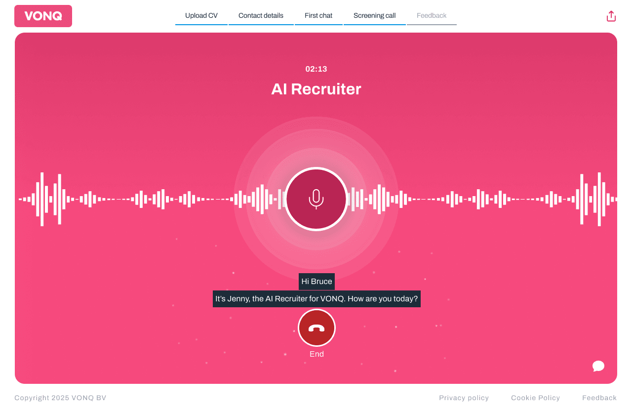 VONQ AI Recruiter — chat-based candidate screening interface