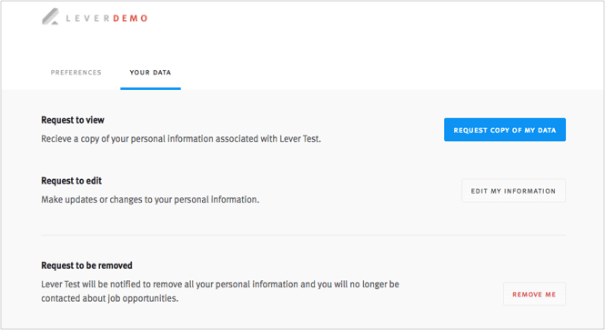 Lever GDPR Candidate Rights Requests Page