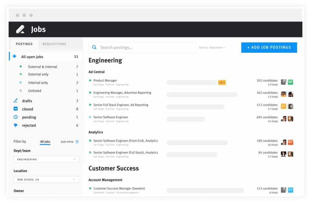 lever applicant tracking system jobs screen