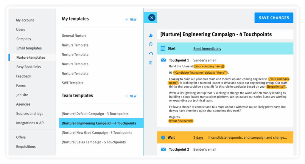 lever applicant tracking system nurture templates