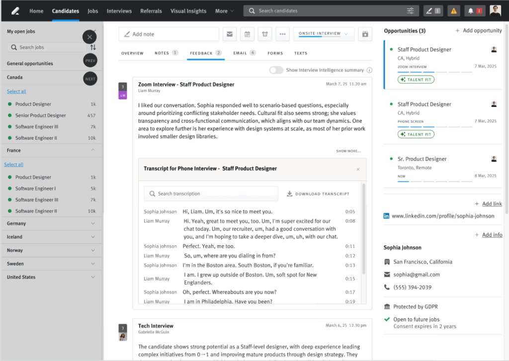 AI interview transcript and summary from a recorded interview for the Product Designer role.